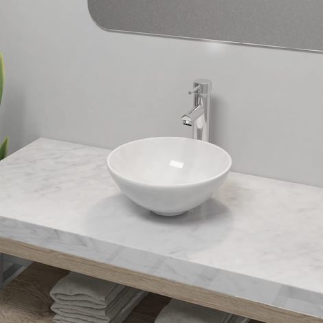 Vasque à poser, Lavabo de bain avec mitigeur, Bac à laver Céramique Rond Blanc IKJ97339 (1/5)