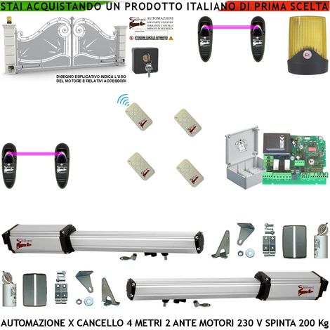 Cancello Elettrico 4 Metri 2 Ante da 2 MT Kit 2 Motori Elettromeccanici 230 V Corsa 300 mm Spinta 2 Q.li Sblocco Staffe 4 Radiocomandi 2 Coppie Fotocellule Selettore 2 Chiavi Faro Movimenti Cartello (1/5)