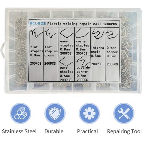 Convient pour un kit de 1600 clous thermofusibles de réparation de pièces automobiles en plastique, avec boîte de rangement en acier inoxydable. (1/5)