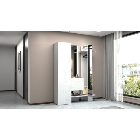 Armoire d'entrée moderne 140 cm laquée blanc brillant Nina (1/4)