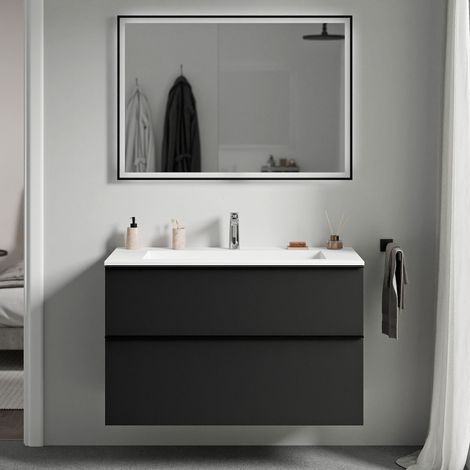 BERNSTEIN - Mobile lavabo sospeso MDF nero opaco, lavabo Ghisa bianco opaco + foro rubinetto, maniglia cromata - 100x46x62cm - LAVOA	Nero opaco, cromo, Bianco opaco con foro rubinetto