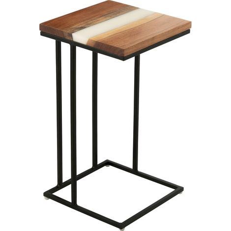 Bout de canapé carrée bois d'acacia et résine blanc design - Bois acacia naturel et blanc (1/5)