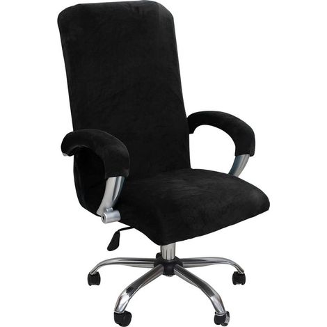 Jusch – Housse de chaise de bureau en peluche velours – Taille XL – Tissu élastique lavable – Protection élégante pour fauteuil rotatif noir