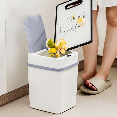 Poubelle automatique 12L avec capteur intelligent, ouverture sans contact, design épuré pour la maison, alimentée par piles, couleur blanche.