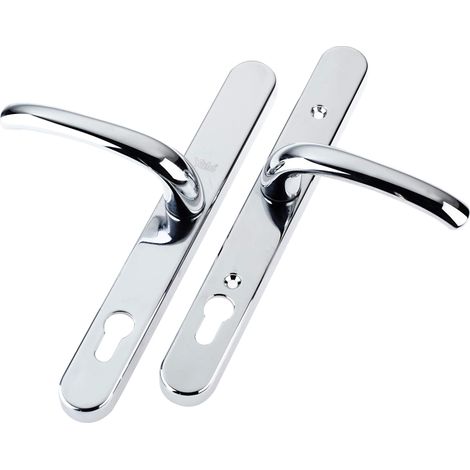 Poignée de porte de sécurité universelle P-PVC-RH-PC, sécurité standard, centre de 92 mm, points de fixation réglables, protège-cylindre intégré, pour portes en PVC, finition chromée, emballée dans un (1/3)