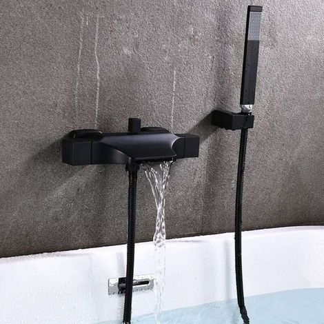 An der Wand montierter Wasserfall-Badewannen-Mischbatterie Badewannenarmatur An der Wand montierter Wasserfall-Duschkopf Heiß- und Kaltwasser-Badewannenarmatur (schwarze Handbrause) (1/4)