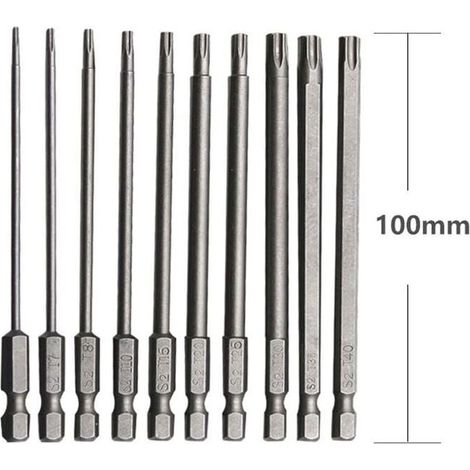 Jeu de 10 embouts longs pour tournevis et visseuse électrique Embout Torx Long en Acier Allié au Chrome Vanadium 75mm Embout Visseuse Long Antirouille Jeu (1/4)