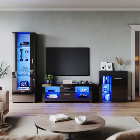 ELEGANT Modern High Gloss Living Room Set with RGB LED Lights Display Cabinet Storage Unit + 1300mm TV Stand Cabinet Black Furniture Set 3