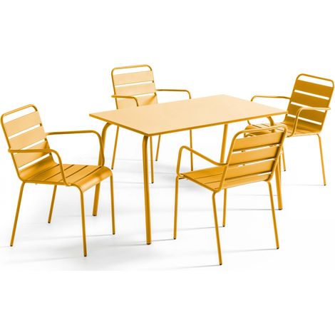 Ensemble table de jardin et 4 fauteuils en métal jaune - Palavas