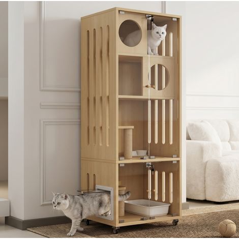 Casa para gatos con ruedas y puerta de cristal con cerradura, 60 x 50 x 156 cm DESVIAE (1/5)