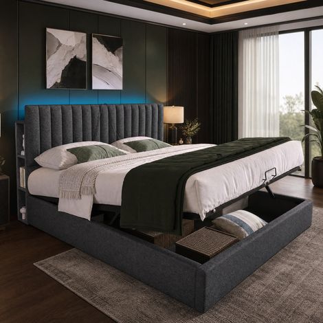CHICFURN Cama arcón 140x200 cm lino gris con LED, USB-C y cabecero regulable con colchón (1/5)