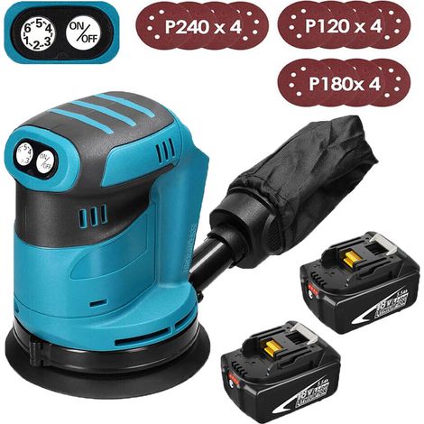 Levigatrici orbitali e rotorbitali, Levigatrice palmare senza fili e senza spazzole da 5", 12 dischi + 2 batteria da 5,5 A + (senza caricabatterie) - compatibile con caricabatterie Makita