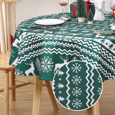 Nappe de Noël ronde imperméable & anti-taches, polyester essuyable facile à nettoyer, motif flocons et rennes, décoration table fêtes – 152 cm (60") – Vert (fond vert, Allemagne) – 60round