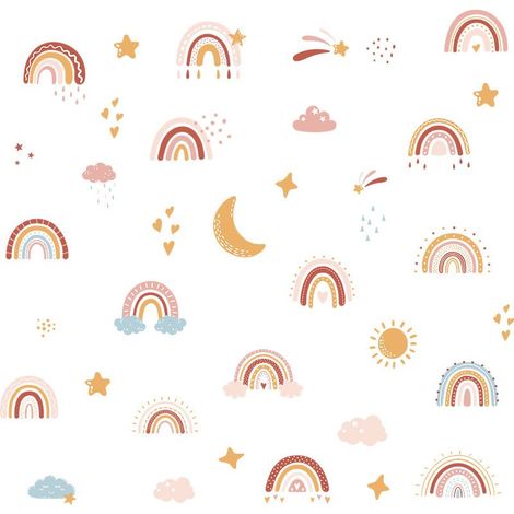 Un conjunto de vinilos decorativos con estrellas, arcoíris, nubes, la luna y el sol. Ideales para decorar paredes de salones, dormitorios y oficinas. (1/5)