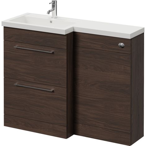 Napoli 390 Brown Oak 1100mm 2 Drawer Vanity Unit Toilet Suite with Square Left Hand Lucia Basin - 1100mm - Chrome 320mm HandleWithout Kingston Toilet Pan