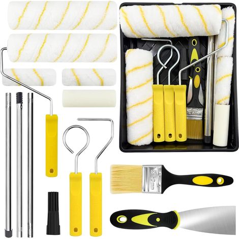 Lot de 18 rouleaux de peinture avec barre télescopique de 1,2 m – 23 cm + 11 cm – Rouleaux de peinture, pinceau, grattoir et bac à peinture – Rouleau de peinture pour mur et plafond (1/5)