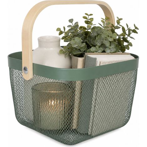 Relaxdays Aufbewahrungskorb, mit Henkel, Kleidung, Deko, Stahl & Holz, Utensilienkorb, HBT: 17,5x26x24,5 cm, mint