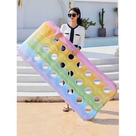 Colchón hinchable para piscina para adultos – Colchón de natación Rainbow con reposacabezas y drenaje de agua, fabricado en PVC resistente a los rayos UV. (1/4)