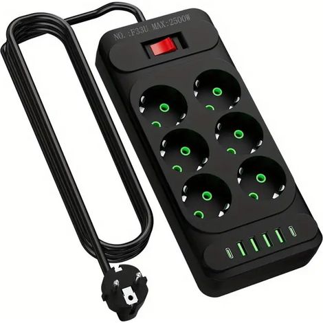 Steckdose mit USB- und Typ-C-Anschlüssen, 6-Loch-Steckdose, Küchensteckdose mit 2 Meter Kabel (1 Stück). (1/4)
