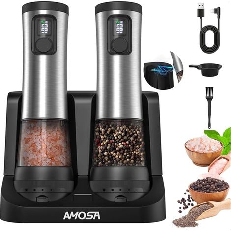 Moulin à Poivre Électrique, Réglage Vitesses, Finesse, Écran de Batterie Et Base Rechargeable, Salières Poivrières Automatiques Inoxydables Avec Éclairage LED (1/5)