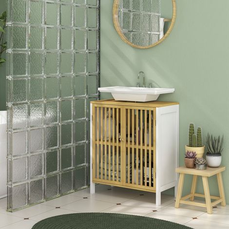 Mobile bagno a 2 ante con ripiano regolabile e vano contenitore per lavabo, 60 x 30 x 70 cm, in MDF e bambù.