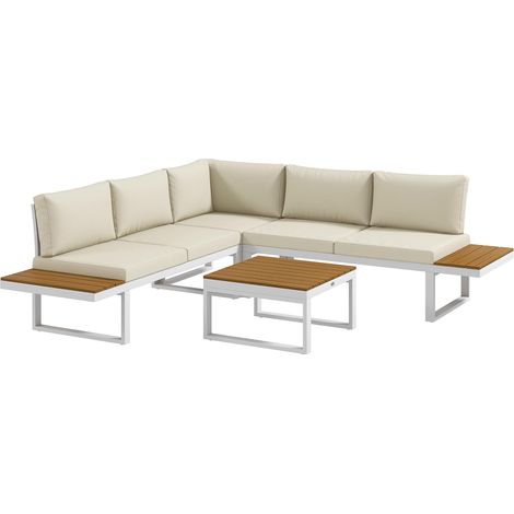 Cet ensemble de mobilier de terrasse comprend 2 canapés doubles, 1 canapé simple inclinable et une table basse avec des coussins couleur crème.