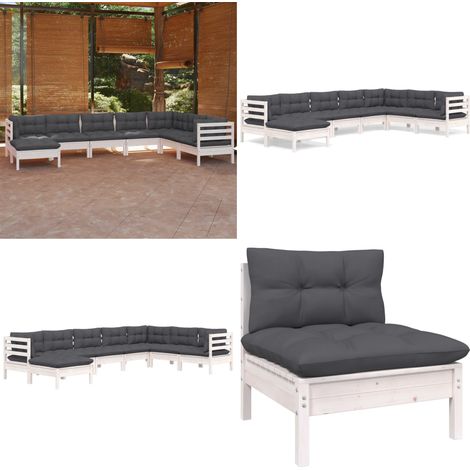 8-tlg. Garten-Lounge-Set mit Kissen Weiß Kiefer Massivholz - Garten Lounge Set - Kiefernholzmöbel - Outdoor Möbel - Gartengeräte - Loungemöbel - Home & Living (1/5)