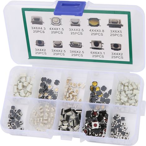 Kit de 250 interrupteurs tactiles à bouton-poussoir (10 types différents) pour la fabrication de produits électroniques DIY.