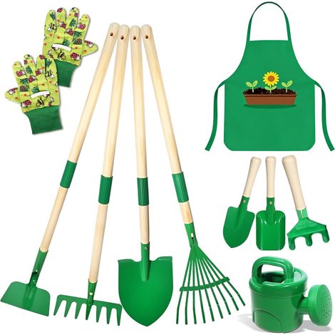 Outils Jardinage Enfant, 10 Kit Jardin Métal avec Pelle, Râteau, Fourche, Gants de Travail, Tablier, Arrosoir, Ensemble Complet de Jardinage pour Enfants, Jardin Extérieur, Cour, Pelouse (A) (1/5)