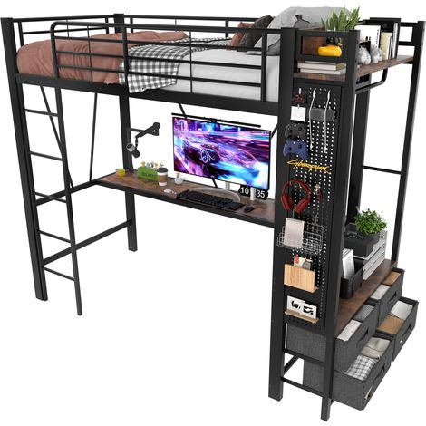 Cama alta 90 x 200 cm con escritorio, 4 cajones, estantes y panel perforado, LED multicolor, enchufe USB-C, estructura metálica negra, ideal para dormitorio juvenil - CHICFURN (1/5)