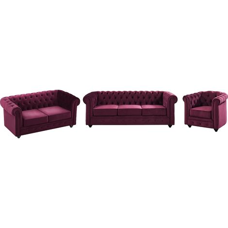 Canapés 3 places, 2 places et fauteuil en velours pourpre CHESTERFIELD