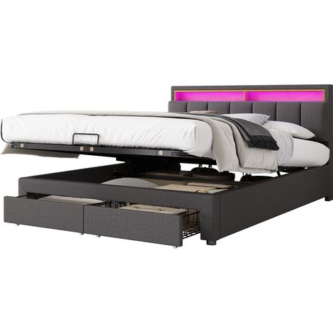 Letto Contenitore 180 x 200 cm, Matrimoniale in Lino con LED, senza Materasso, Grigio Scuro (1/5)