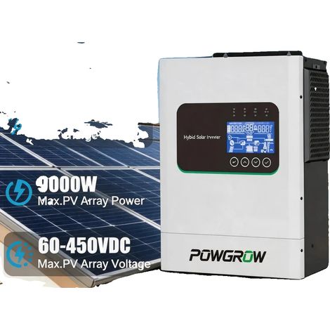 Onduleur solaire hybride, 5000W, 24V, puissance de surtension 10KVA, tension MPPT 60-450V, dimensions 44,50 x 38,50 x 16,50 cm (1/5)