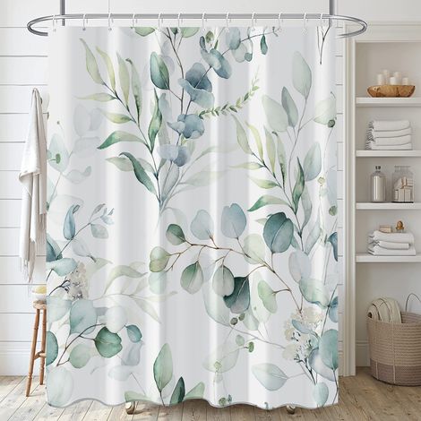 Rideau Douche Eucalyptus, Rideau de Douche Feuilles Vert Fleuri Blanc Rideau de Baignoire Anti Moisissure Imperméable Tissu Polyester Lavable Rideau Salle de Bain 180x180cm