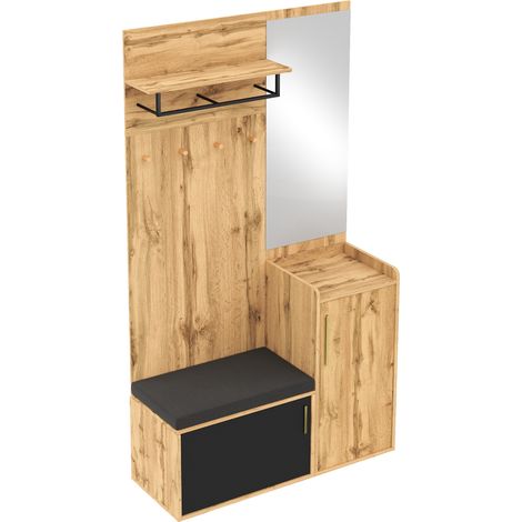Garderobe mit Spiegel und Sitzbank, Schuhschrank mit 1 Tür, Haken und Ablage, Modern, aus Spanplatte, Schwarz und Eiche, 100×38×185 cm (1/5)