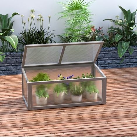 Mini-serre 90x46x40 cm en bois et polycarbonate grise, toit ouvrant pour jardin FloraGrace (1/5)