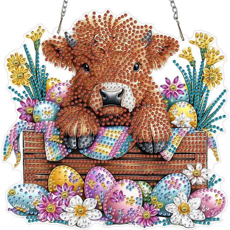 Ostern Diamond Painting Anhänger Kuh mit Eiern, 5D Diamant Malerei Fenster Deko