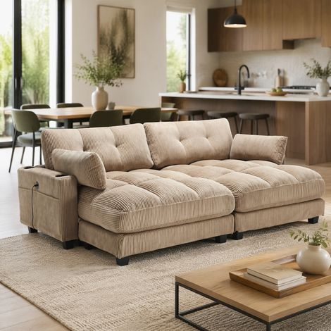 Lounge-Sessel mit Becherhaltern, Seitentaschen, USB-Anschluss, Cordstoff, Khaki
