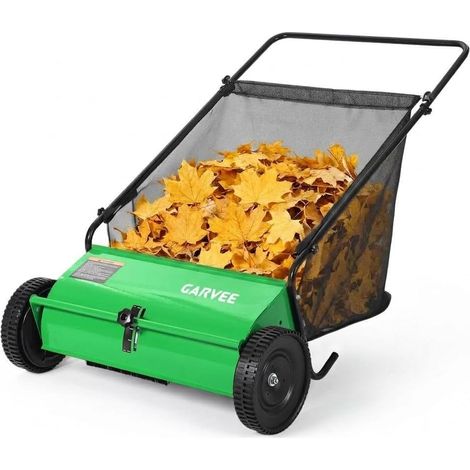 Balai à Gazon Manuel Poussé 66 cm, Ramasse-Feuilles et Herbe avec 4 Brosses PP et Sac 200L, Balayeuse de Jardin Réglable,VERT (1/5)