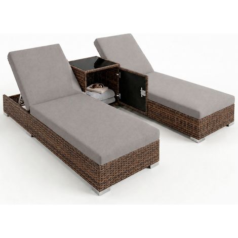 Set 2 Lettini Prendisole In Polyrattan Con Tavolino Contenitore E Cuscini Schienale Regolabile 5 Posizioni Sdraio Da Giardino Terrazzo Piscina Relax Arredo Esterno 184 x 60 x 21 Cm Marrone E Grigio (1/5)