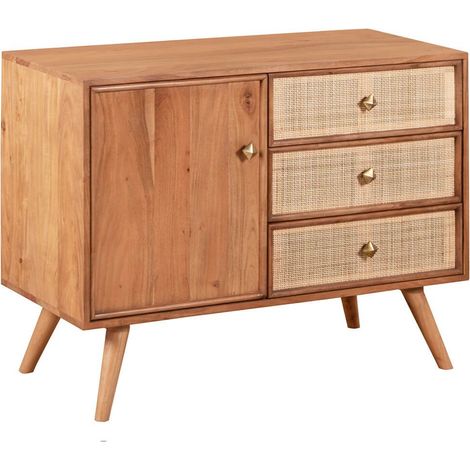 KESIAH - Meuble de rangement 1 porte 3 tiroirs en acacia finition teinté teck avec plaquage cannage (1/4)