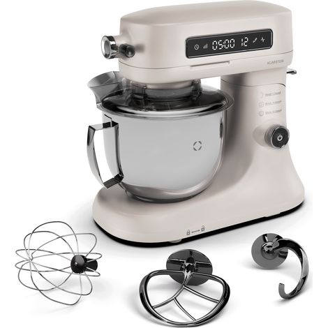 Klarstein Chiara Stand Mixer 1600W, 5L Stainless Steel Bowl, 12 Speed Settings, LCD Touch Display, Quiet 72dB, Dishwasher Safe Patisserie Set, Die-Cast Aluminium Housing, Sand