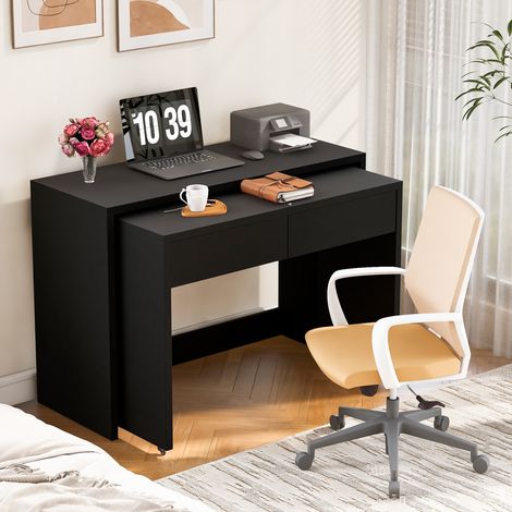 Ausziehbarer Schreibtisch mit Schublade, multifunktionales 2-in-1-Design, mit Rollen und Feststellern, platzsparend, geeignet für Büro, Schlafzimmer oder kleine Wohnungen, schwarz, 110 x 40 x 78 cm
