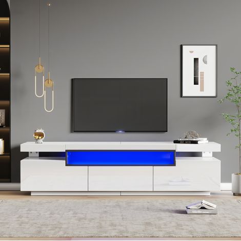TV-Schrank Weiß Hochglanz mit LED-Beleuchtung, TV-Lowboard für 70 Zoll Fernseher, 3 Schubladen, 160x39x42 cm (1/5)