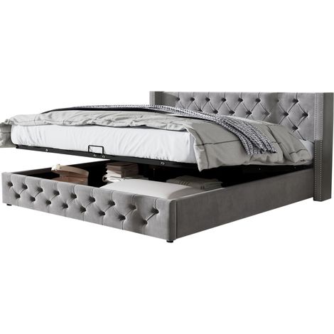 Lit coffre 140x200 gris en tissu, style Chesterfield avec tête et pied de lit capitonnés, double rangée de rivets, sommier à lattes, sans matelas- FLORAGRACE (1/5)