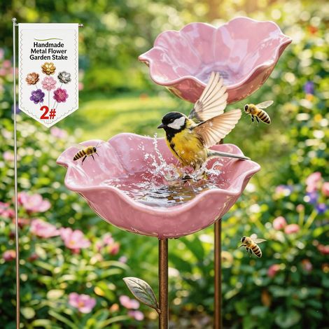pezzi di vaschetta per uccelli in metallo con fiori, punte da giardino fatte a mano, vaschetta per uccelli resistente all'inverno e acqua anti-insetti, vaschetta per uccelli da giardino e patio 2 pezz (1/5)