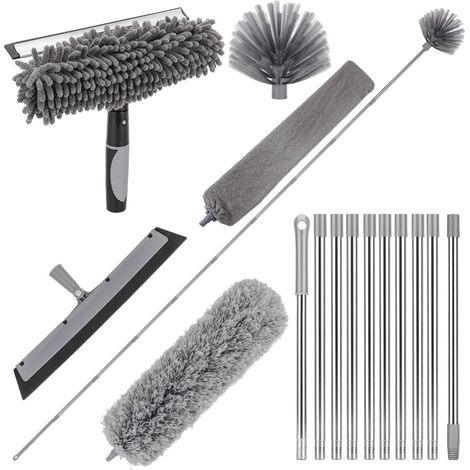 Plumeau télescopique avec plumeau Long Extensible de 4,9 m, Brosse de Nettoyage télescopique et tête en Microfibre, raclette de fenêtre avec récurateur, Brosse en Toile d'araignée pour (1/5)