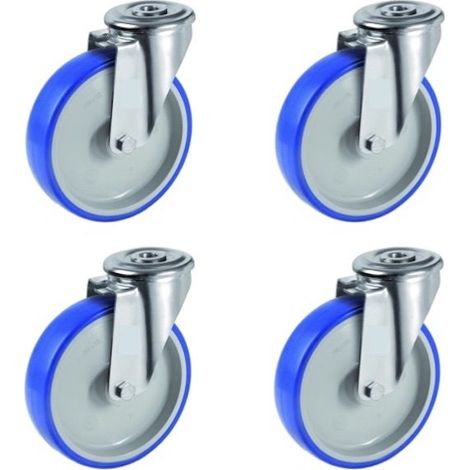 Lot de 4 roulettes à oeil pivotantes polyuréthane BLEU-SOFT® 80 mm - 225 Kg (1/2)
