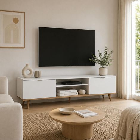 Meuble TV blanc 2 portes style scandinave ALVA (1/5)