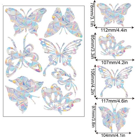 Autocollants pour fenêtres « Griffes d'oiseaux » - Adhésifs statiques en PVC pour la maison et le bureau, 2 feuilles avec 7 motifs colorés de papillons et de prismes, faciles à appliquer (1/3)